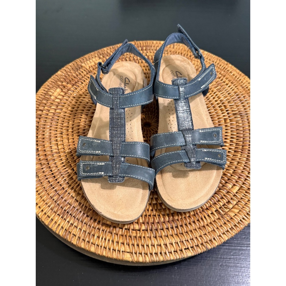 Clarks Collection Leisa Janna Navy Blue Leather Comfort Strappy Sandals Womens 9